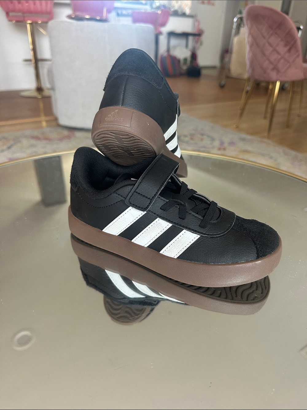 Adidas Kids Black and White Sneaker with Brown Sole